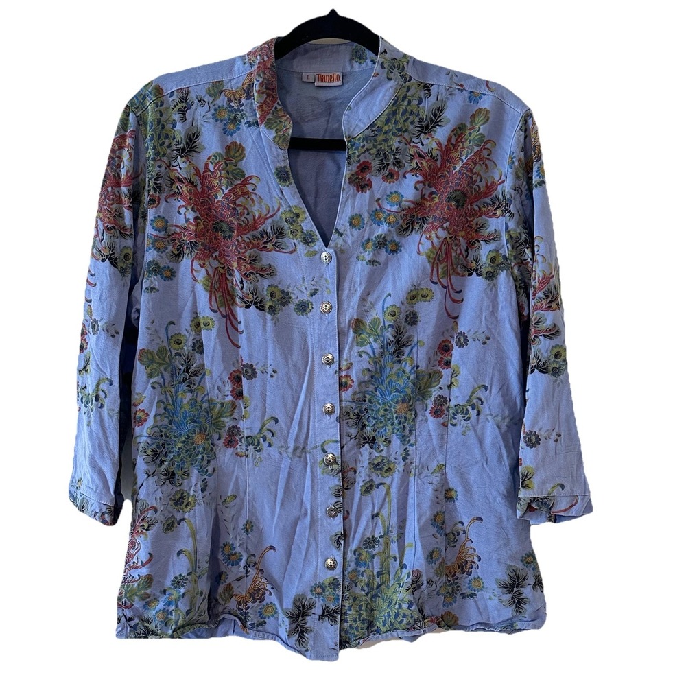 Tianello Blue Floral 3/4 Sleeve Mandarin Collar Button Princess Cut Womens Large